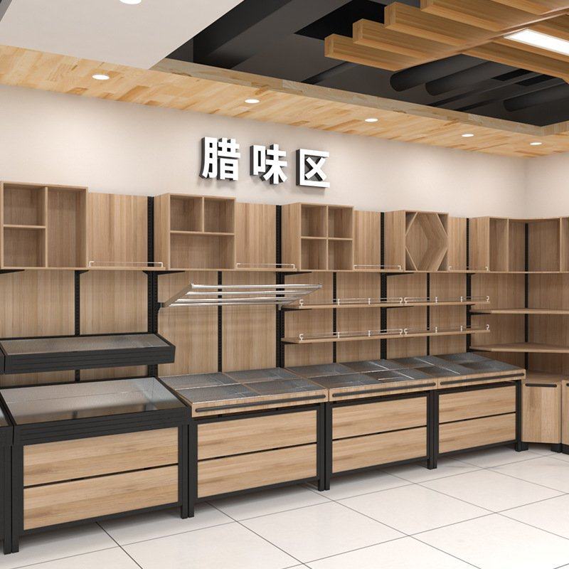 良达钢木货架商超干货货架形象柜不锈钢腊肉展示架