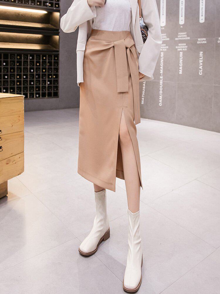 中长款过膝高腰开叉系带半身裙子女2021春季韩版职业包臀裙西装裙