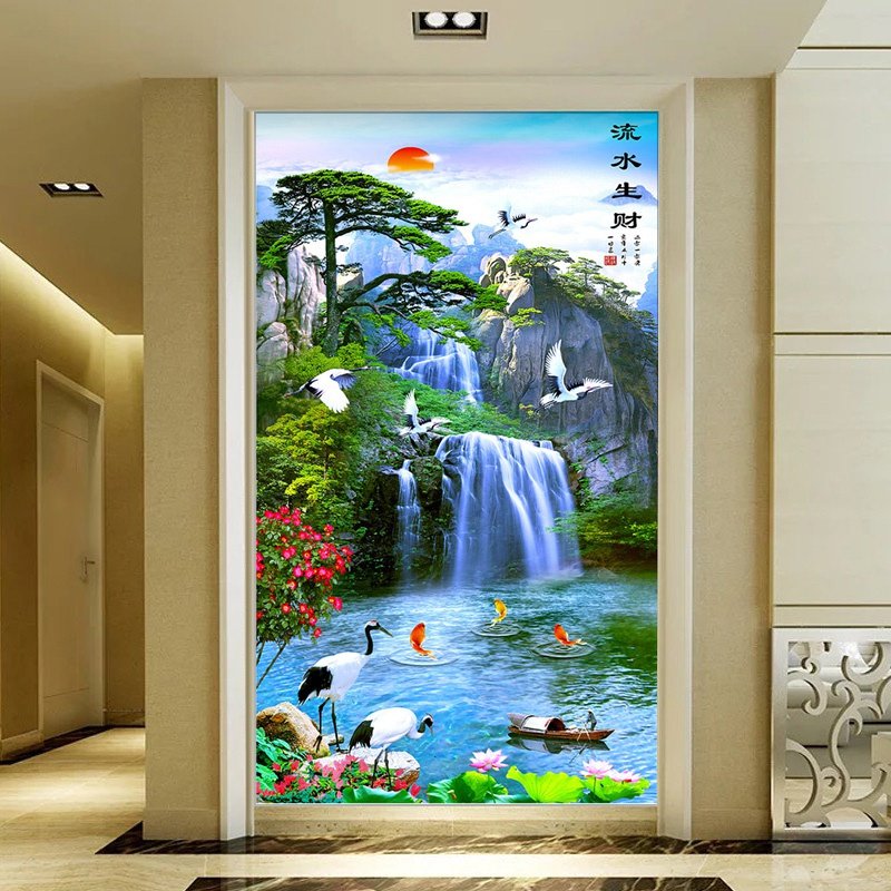 3d5d立体玄关过道走廊风景画山水流水生财背景墙装饰画纸壁纸壁画