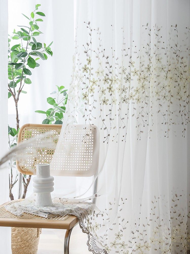 绣花纱帘韩式田园窗纱白色窗帘美式乡村客厅阳台飘窗白沙沙帘布料