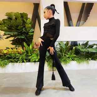 CONNY拉丁舞裤子女舞蹈练功长款摩登伦巴儿童跳中国舞马蹄裤黑色