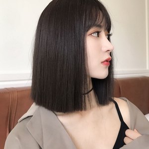 短发帅气假发女一刀齐肩黑色短直发型网红时尚圆脸自然假发套酷