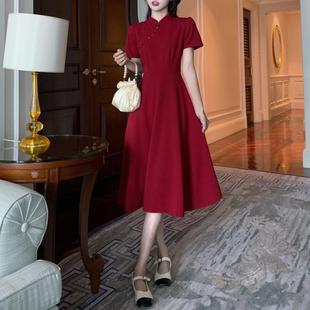 大码女装夏季新中式国风改良旗袍胖mm遮肚显瘦红色订婚礼服连衣裙