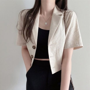 韩版休闲短袖亚麻小西装女气质外套夏季薄款宽松短款小个子上衣