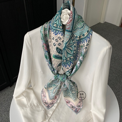 绿色君妃花园真丝斜纹丝巾女90大方巾夏季薄款时p尚百搭桑蚕丝围