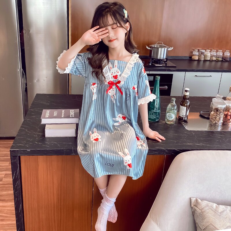 女童睡裙夏装中大童卡通可爱冰丝裙小女孩家居服儿童睡衣夏季薄款