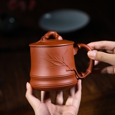 紫砂杯朱泥竹节杯图片