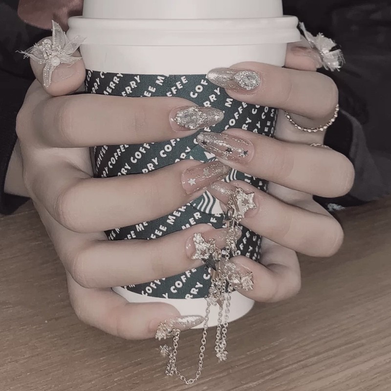 流苏链条网红手工成品防水长指甲贴新娘孕妇穿戴假指甲美甲小红g