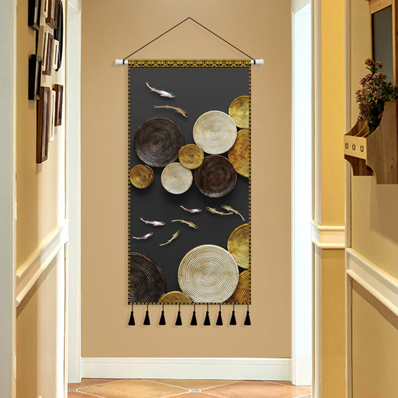 九鱼图招财挂画布艺现代中式入户玄关装饰挂毯走廊客厅背景墙挂布