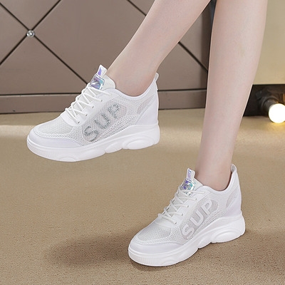 白色网鞋女2021夏款百搭网面内增高运动女鞋子厚底透气休闲小白鞋