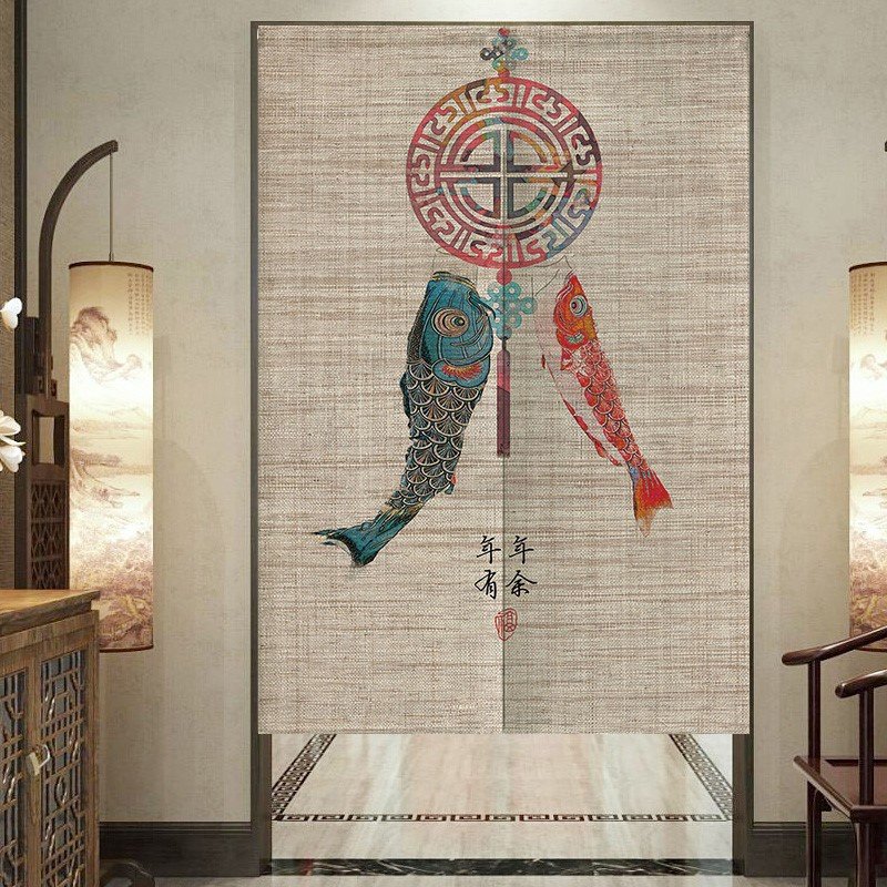 中式复古布帘民宿布艺门帘茶室厕所半帘家用卧室客厅隔断帘免打孔