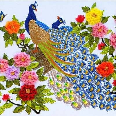 包邮新款丝带绣客厅大挂画富贵荣华孔雀花开富贵升级版印花十字绣