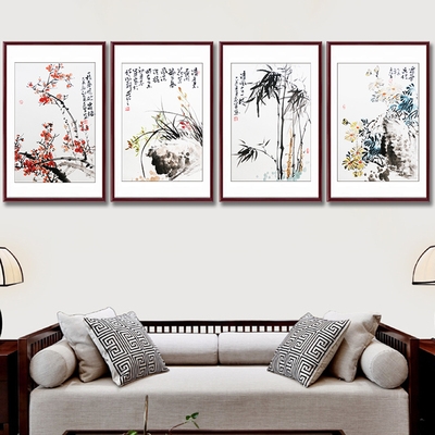 手绘国画兰花装饰画客厅背景墙三联画牡丹玄关竖梅兰竹菊卷轴挂画