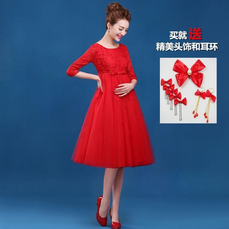 孕妇敬酒服新娘2019新款高腰遮肚结婚小礼服女红色订婚春夏晚礼服