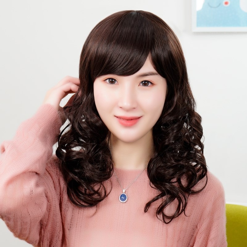 假发女长发全头套式真发长卷发斜刘海自然逼真中长发波浪卷假发套