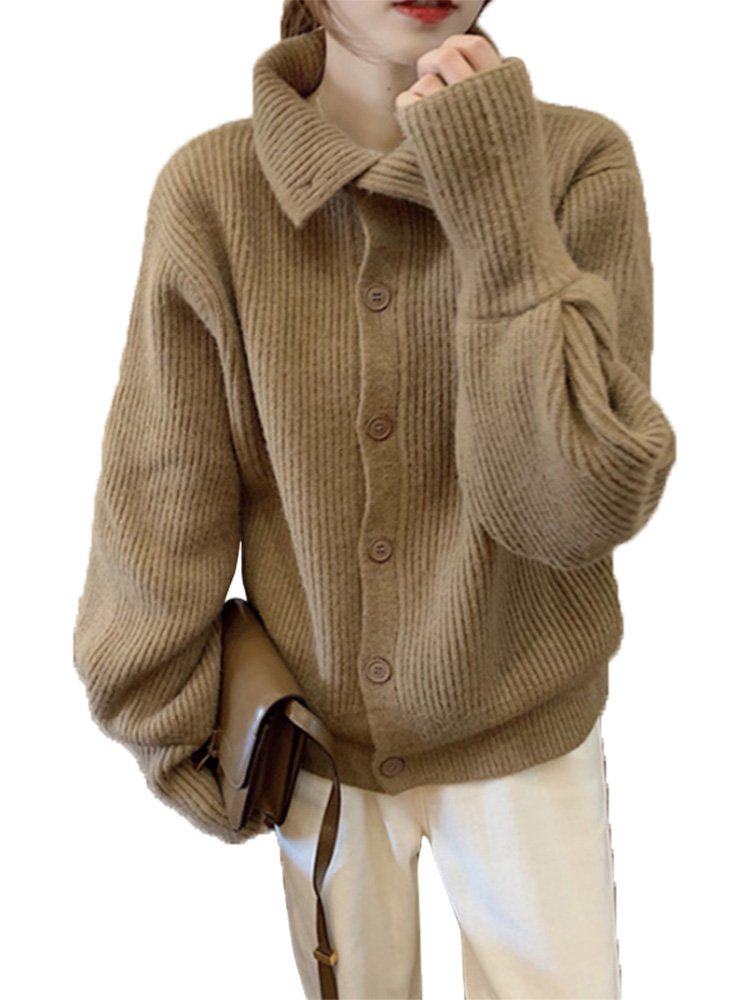 202q1秋冬装韩版加厚立领开衫毛衣女宽松慵懒外穿长袖纯色针织外