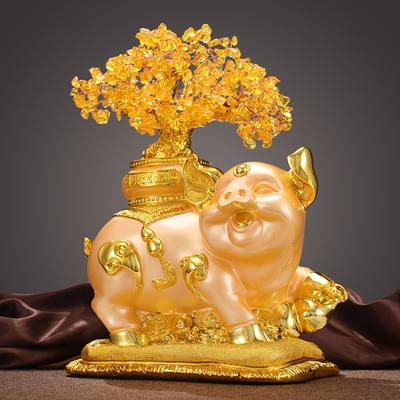 超大号金猪存钱罐摆件招财黄水晶发财树家h用储蓄罐客厅酒柜装饰