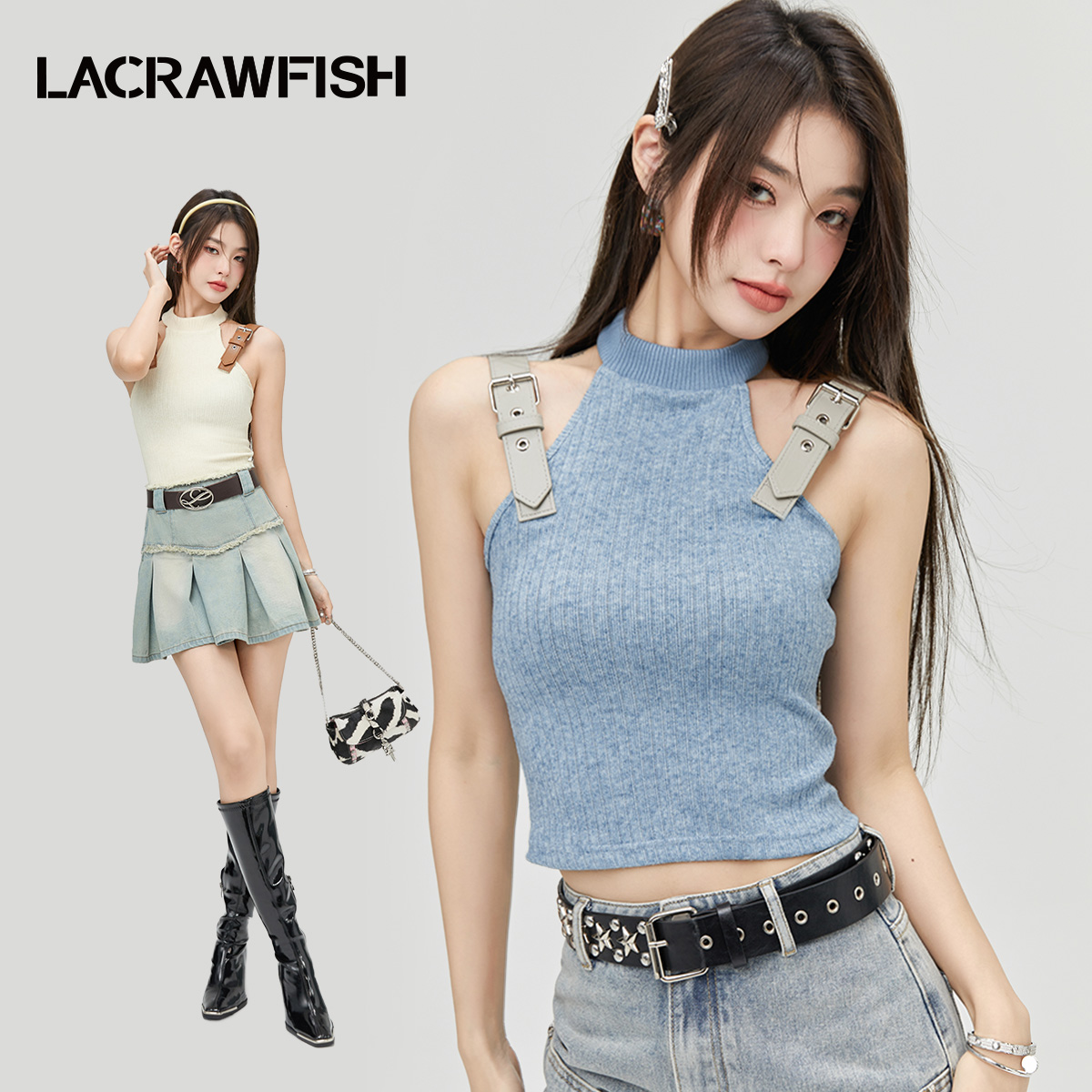 李思阳同款LACRAWFISH原创设计甜酷辣妹皮袢露背挂脖吊带背心上衣