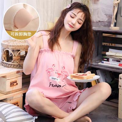 自带有x胸垫睡衣女夏季纯棉背心吊带套装免穿内衣文胸矮个子家居