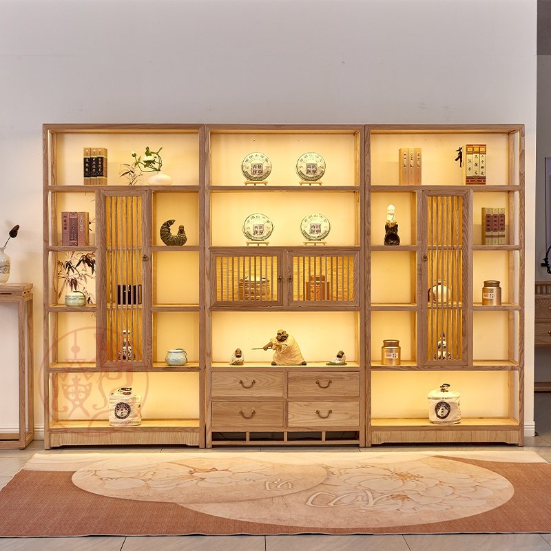 实木货架白蜡木茶叶展示柜中式茶饼茶具紫砂壶展示架茶庄民宿家具