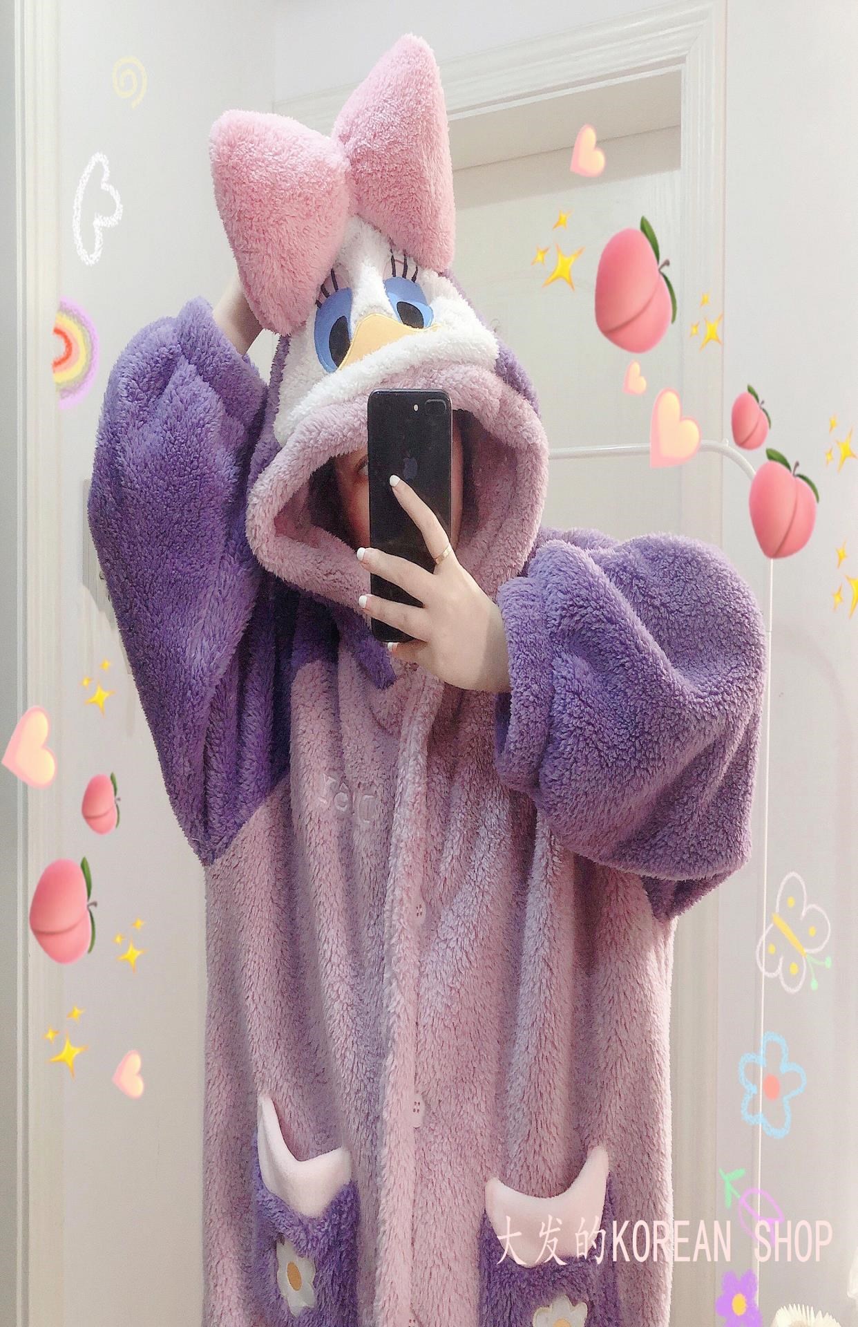 冬季o珊瑚绒可爱鸭子睡衣卖萌卡通动物连帽长袖长裤开衫家居服女