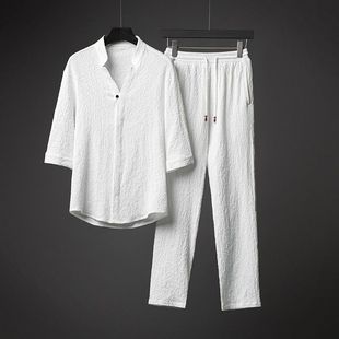 夏季冰丝套装男士高端时尚亚麻翻领短袖T恤休闲运动两件套