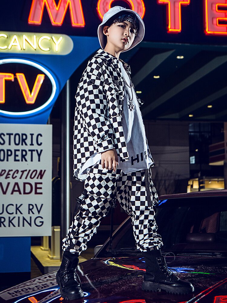 男童街舞服装hiphop嘻哈韩版黑白格纹走秀酷帅气儿童街舞演出服潮