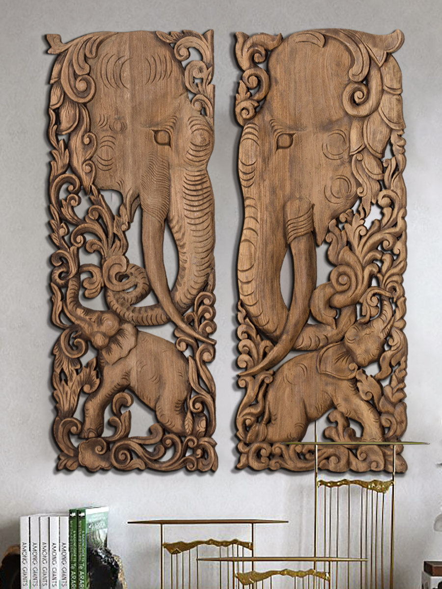 泰国木雕工艺品壁挂装饰画客厅东南亚风格背景墙实木挂件荷鱼戏水