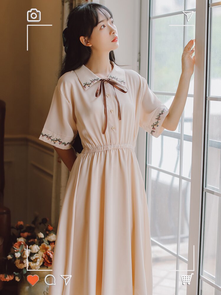 文艺法式复古学院风显瘦小个子学生仙女裙超仙森系过膝连衣裙女夏