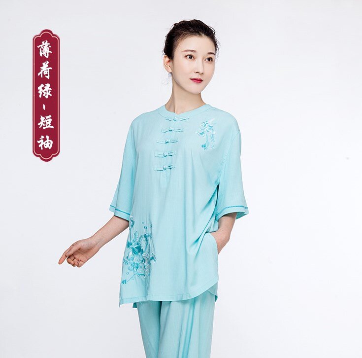 太极服女刺绣亚麻棉麻新款夏季中老年太极拳衣服服i装练功服短袖