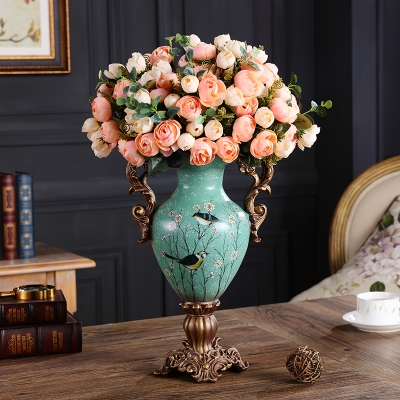 创意欧式花瓶c摆件美式客厅奢华树脂装饰品复古仿真干花大号插花