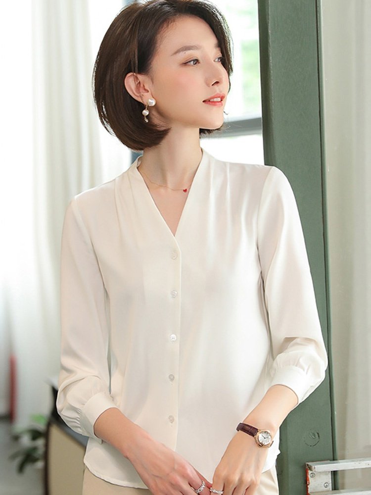 白色v领衬衫女长袖春秋大码衬衣职业配西装外套的打底衫内搭上衣