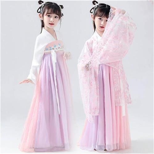 古装级汉童小学生三年女汉服女服12岁超仙古风连衣裙春夏装齐胸.