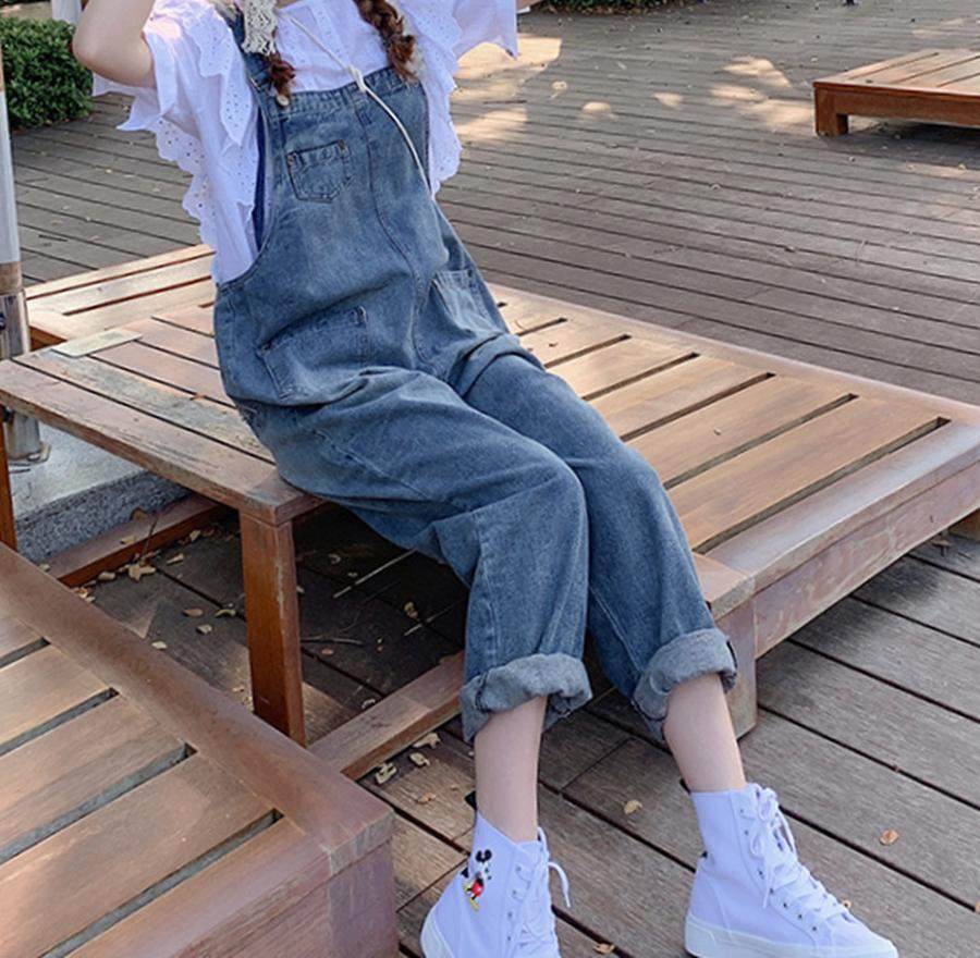 休闲牛仔背带裤女九分小个子韩版宽松高腰显瘦减龄学生直筒裤