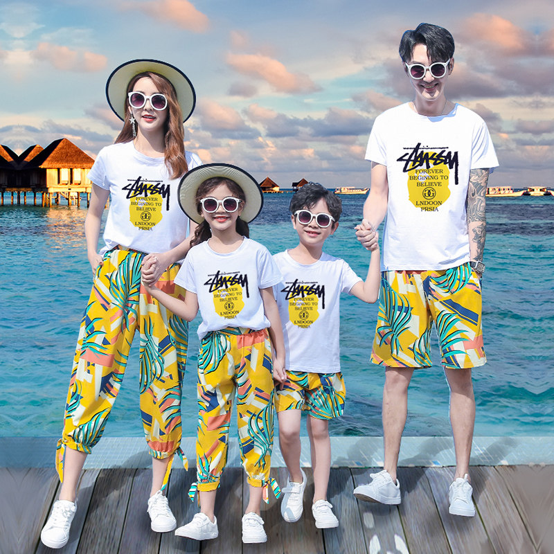 海边度假亲子装夏装2022新款潮九分裤一家三口四口全家福洋气套装