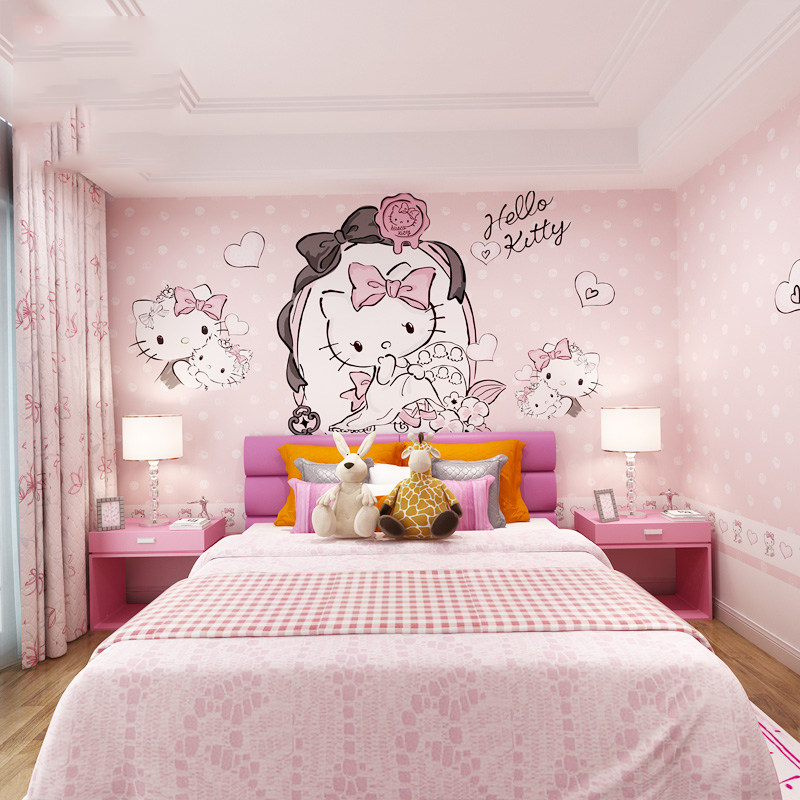 粉色卡通hellokitty猫儿童房墙纸公主房女孩卧室背景环保墙布壁画