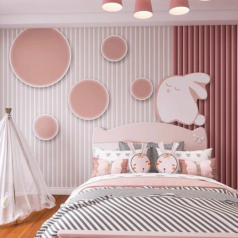 3d儿童房粉色女孩公主房壁纸卧室床头背景墙无缝壁布卡通兔子墙纸