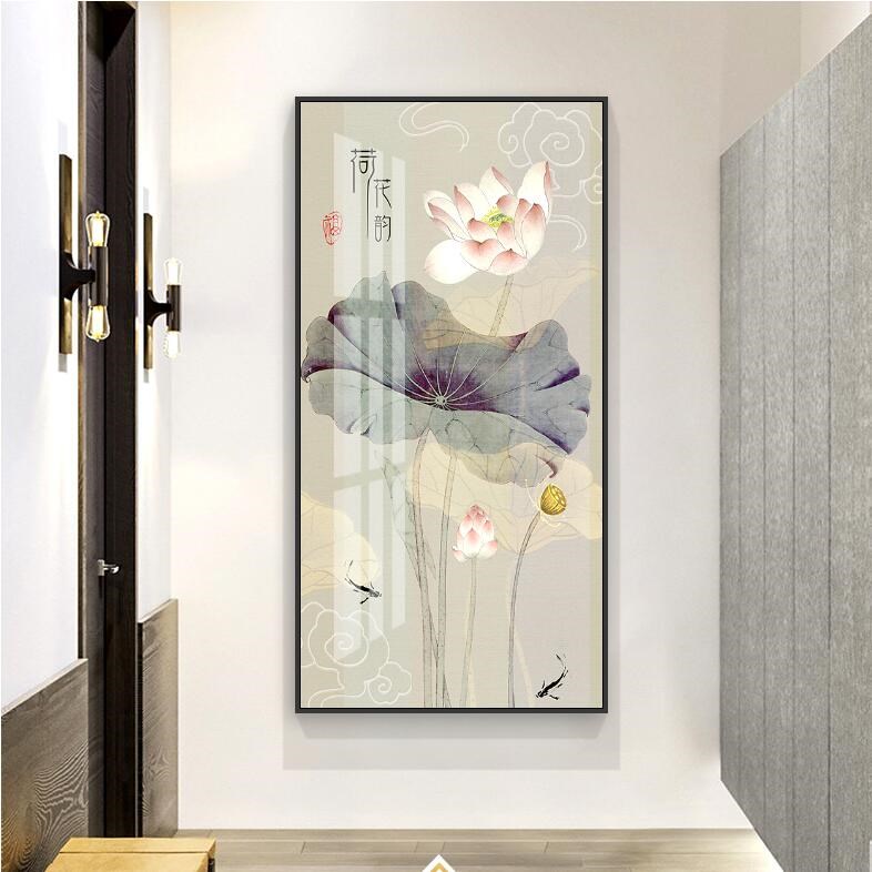玄关装饰画走廊过道挂画入户门壁画墙画背景墙画单幅荷花新中d式