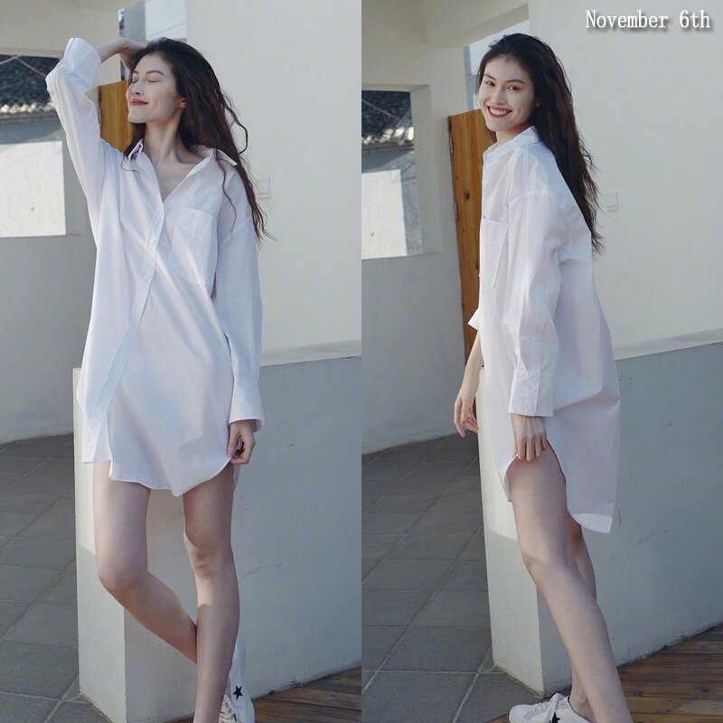 何穗同款白色前短后长宽松休闲长袖衬衫女下衣失踪男友风衬衣大码