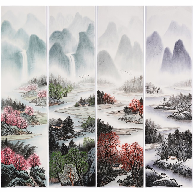 春夏秋冬四扇屏山水画纯手绘水墨画四条屏国画无款画没题款0431