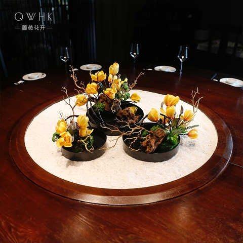 新中式餐桌花摆花高端装饰插花圆桌转盘仿真花艺摆设桌面假花摆件