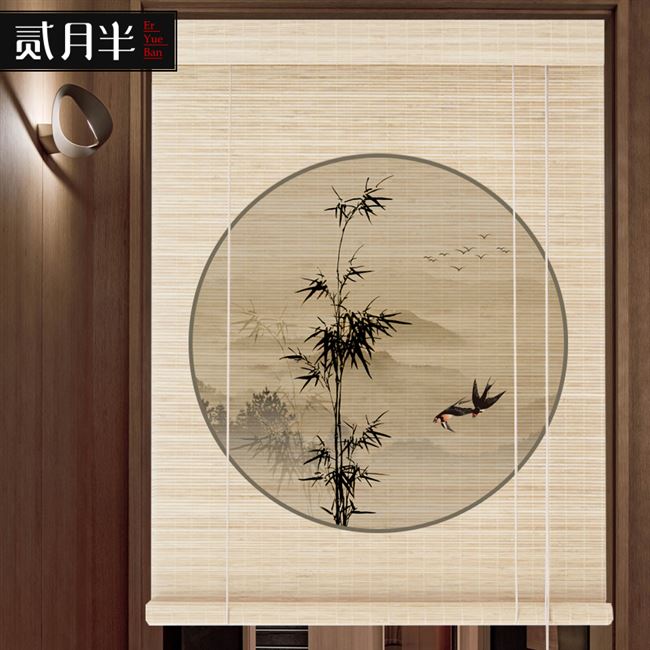新中式花鸟印花竹帘卷帘窗帘复古玄关隔断帘古典文化挂帘意境窗饰