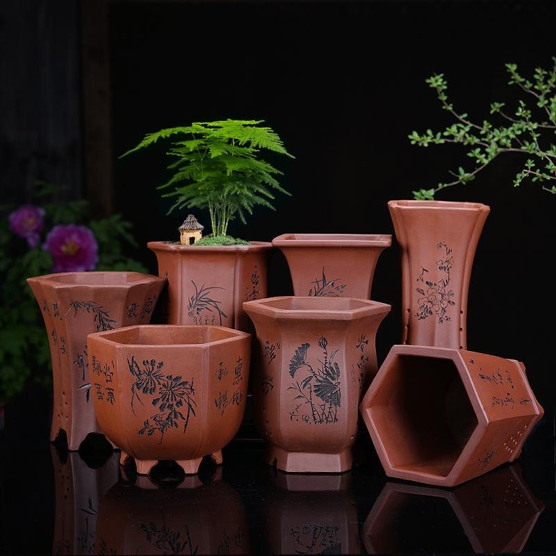 精品紫砂兰花盆专用君子兰六方形带托盘古典简约刻绘手工大口径