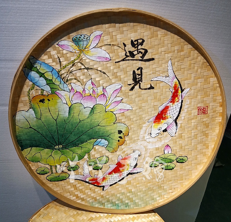 手绘簸箕画成品竹筛子荷花竹编创意画农家乐装饰墙饰画田园风饰品