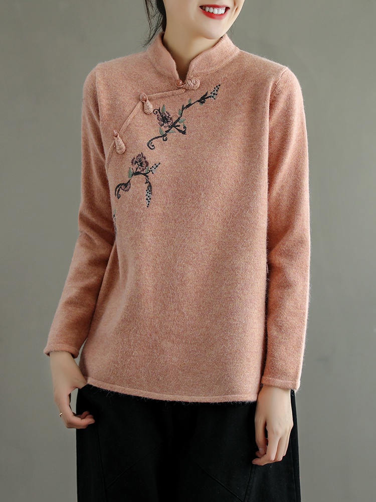 原创中式国风立领盘扣斜襟毛针织衫女复古文艺刺绣禅意上衣