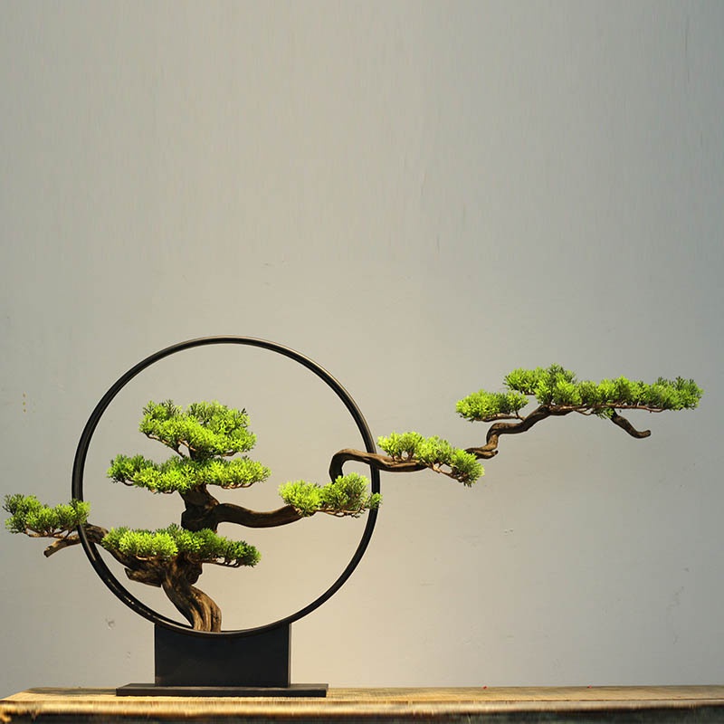 新中式仿真迎客松盆景罗汉松绿植玄关落地售楼处别墅样板房间摆件