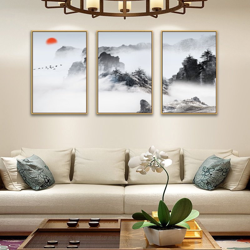 中式三联画_新中式客厅装饰画沙发背景墙壁画办公室简约招财山水画