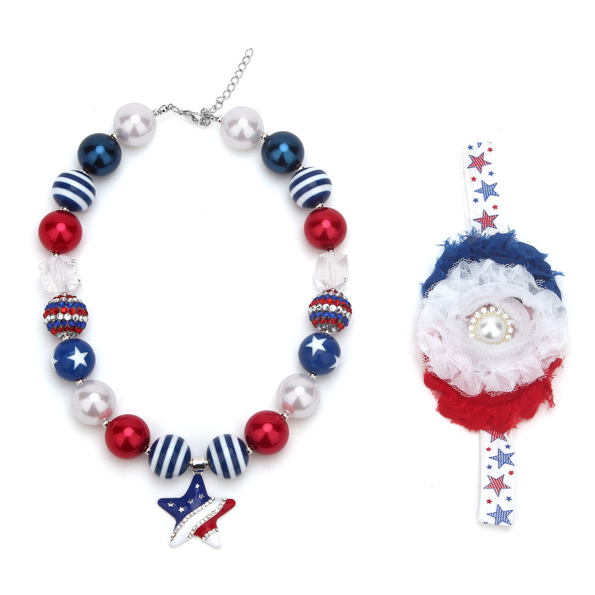 时尚可爱女孩首饰红蓝蓝白镶钻串珠星星吊坠项链