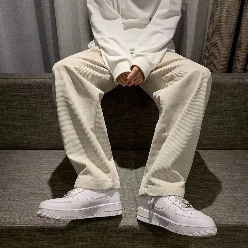 米白色灯芯绒阔腿裤男直筒宽松oversize垂感裤高街pureピュア裤子