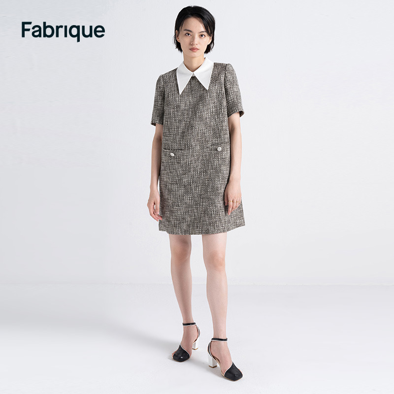 fabrique深灰色法式撞色翻领花呢连衣裙女2022年秋季新品裙子kate